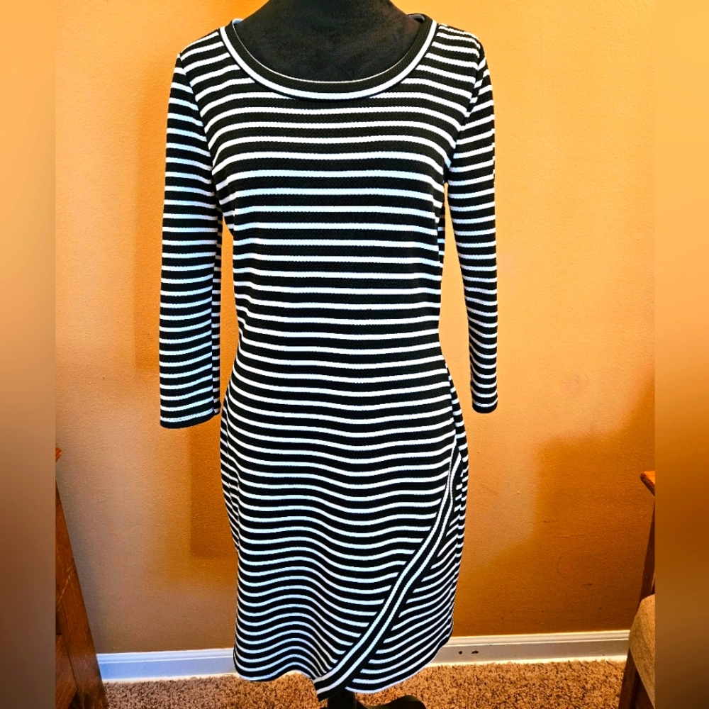 Decree Black and White Striped Faux Wrap Dress